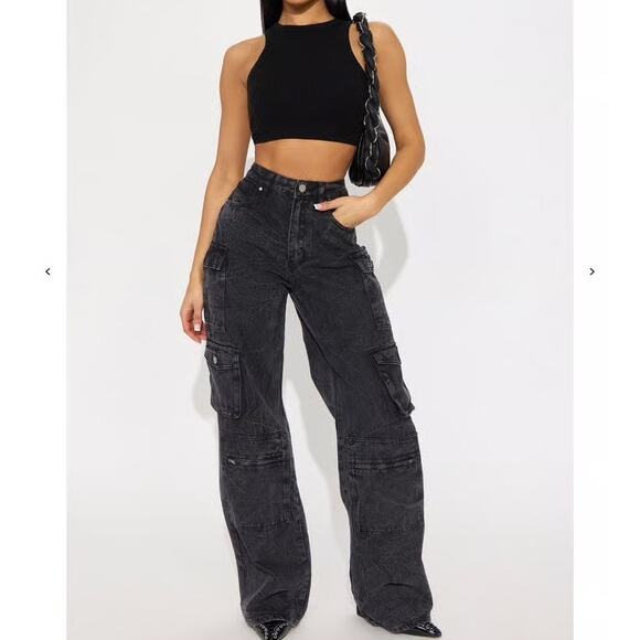 NWT Y2K Black Denim High Rise Cargo Jeans Baggy Button Pocket XL Grunge Utility - Picture 1 of 5